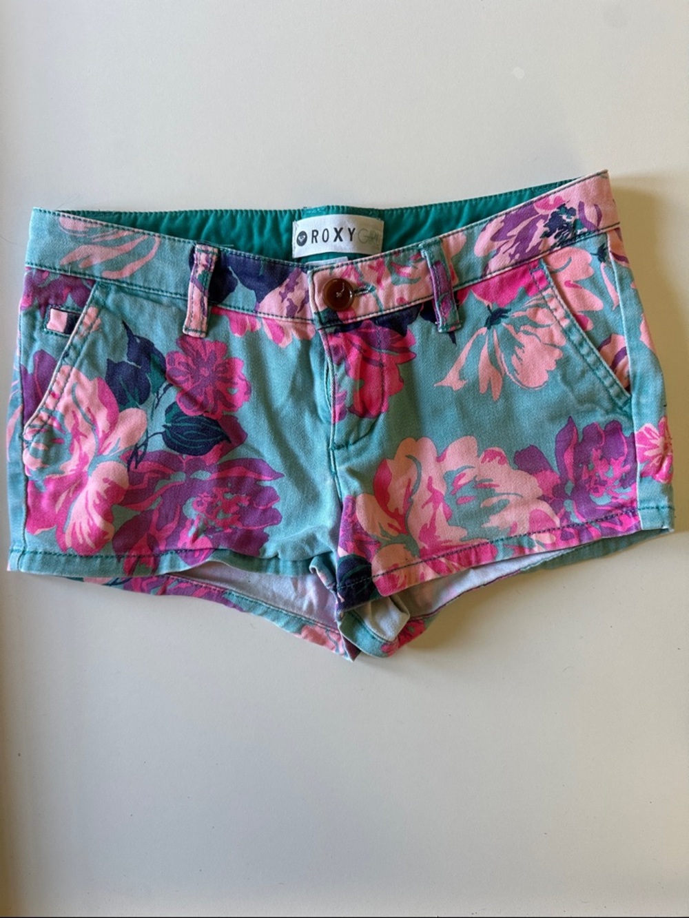 Roxy Teal Floral Print Girls' Shorts with Pink Accents
